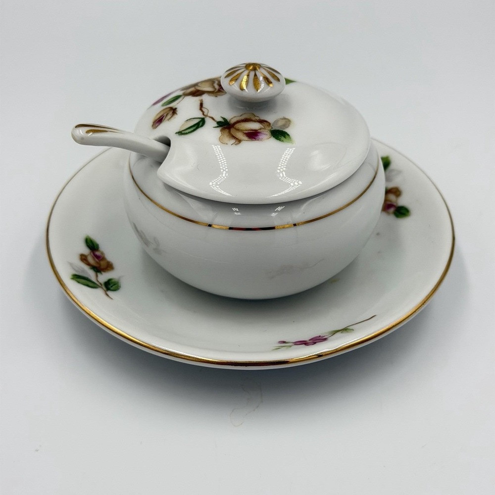 Lynmore Golden Rose Fine China Mustard Bowl with Attached Saucer Lid And Spoon